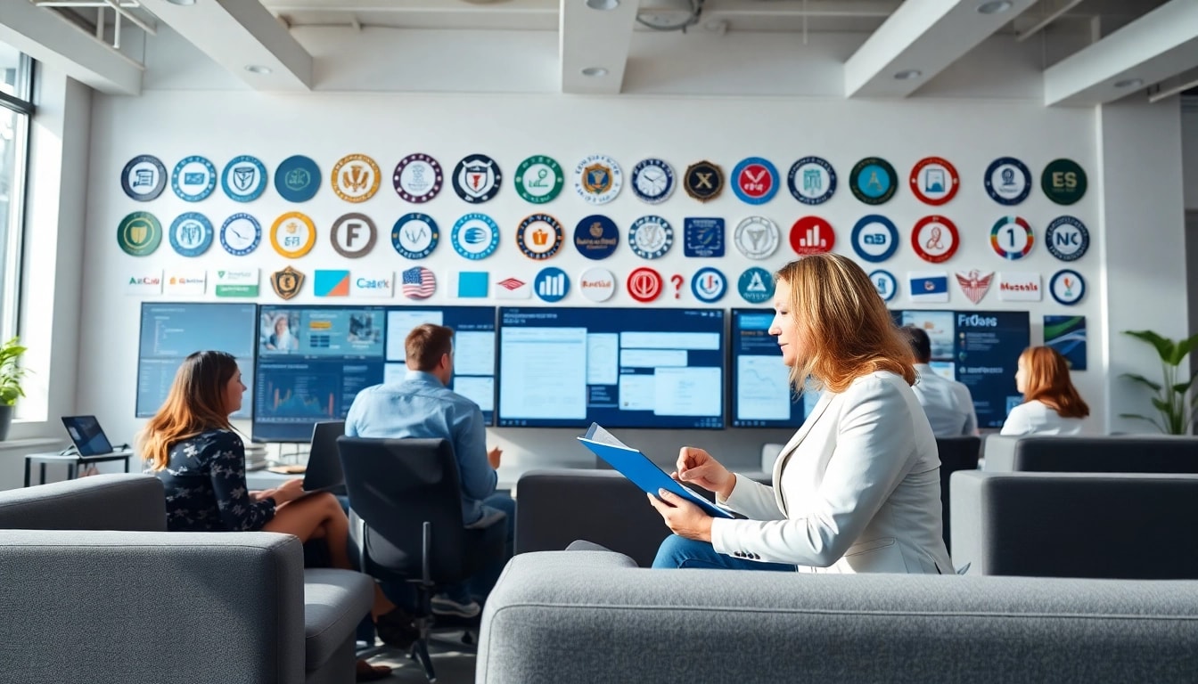Consultants working on registration and certification in Federal databases for federal contracts in a modern office.