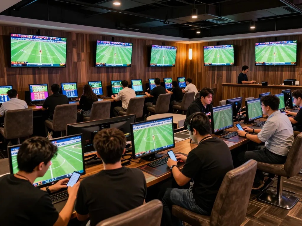 CakhiaTV users actively placing bets in a vibrant sports betting lounge with live football screens