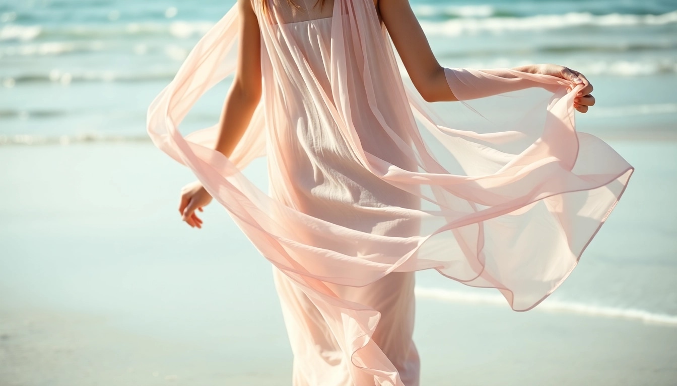 Chiffon jurkje dat elegant waait op een zonnig strand met een fashionmodel.