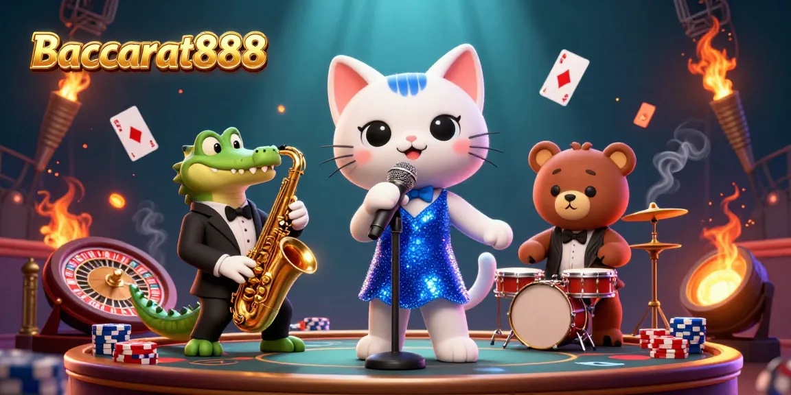 Baccarat888 offers exciting gameplay with a jazz-singer cat and casino elements in a vibrant 3D scene.