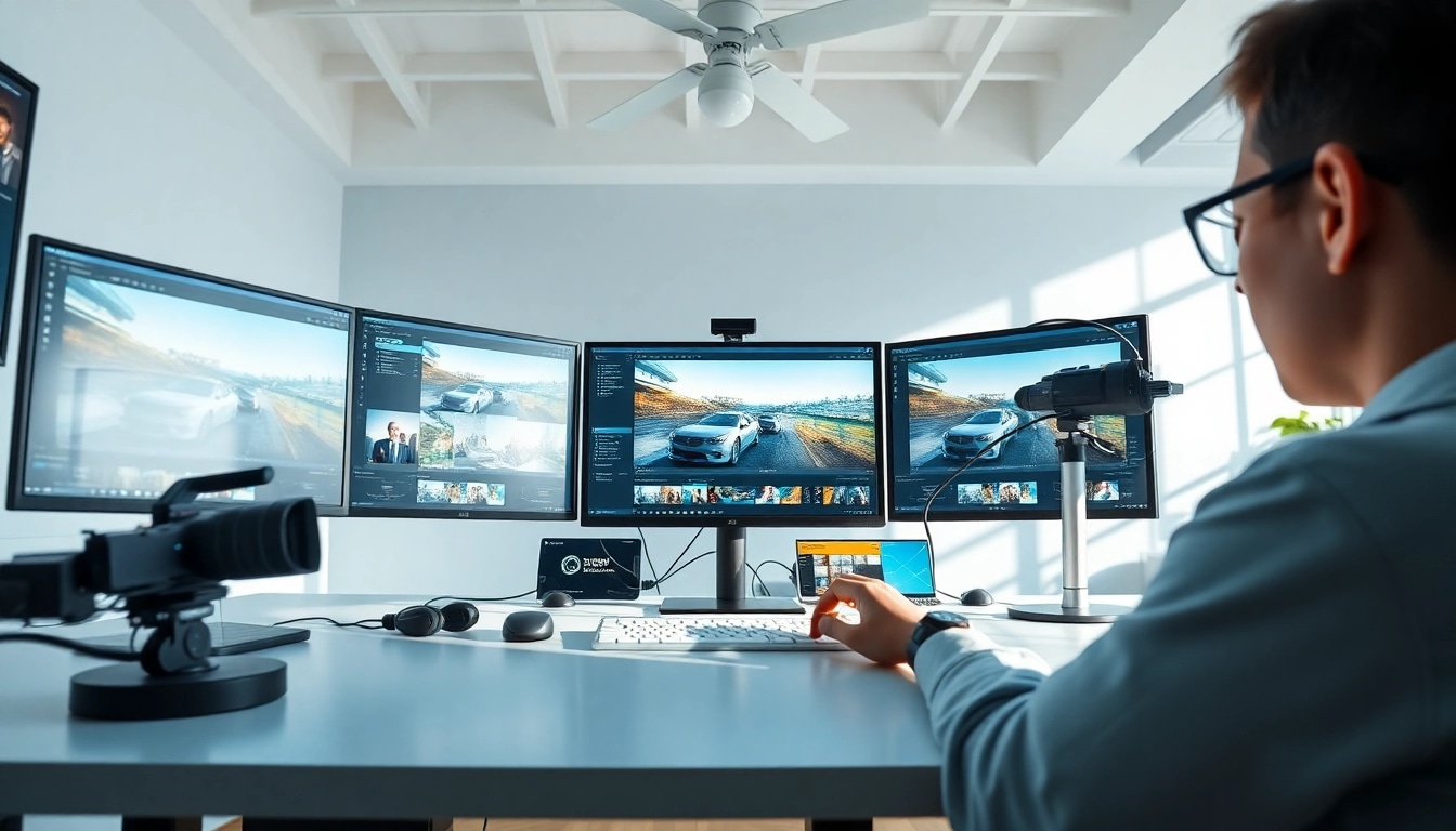 Creating video to prompt AI in a modern workspace with advanced technology.