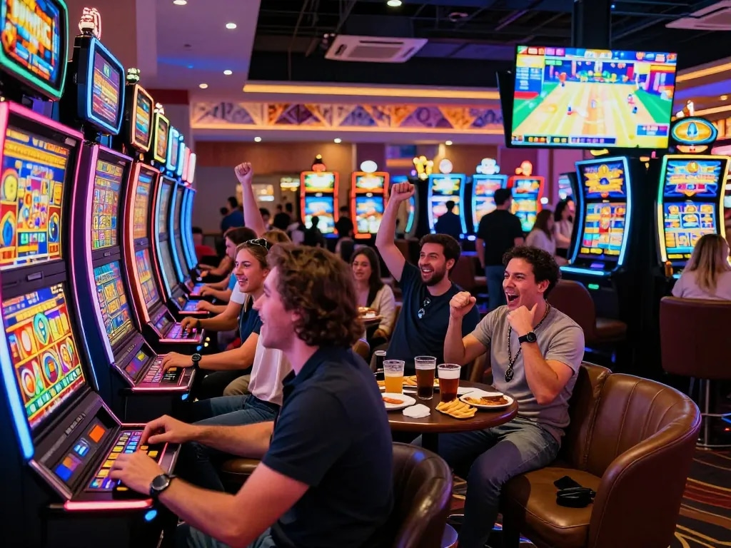 Joyful casino friends interacting at link slot machines under vibrant lights.