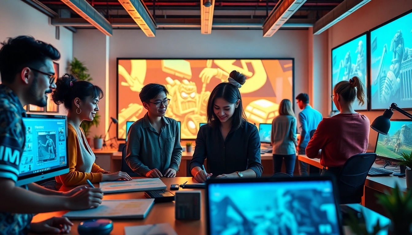 Animationagentur - Professionals collaborating on animated projects in a vibrant, creative workspace.