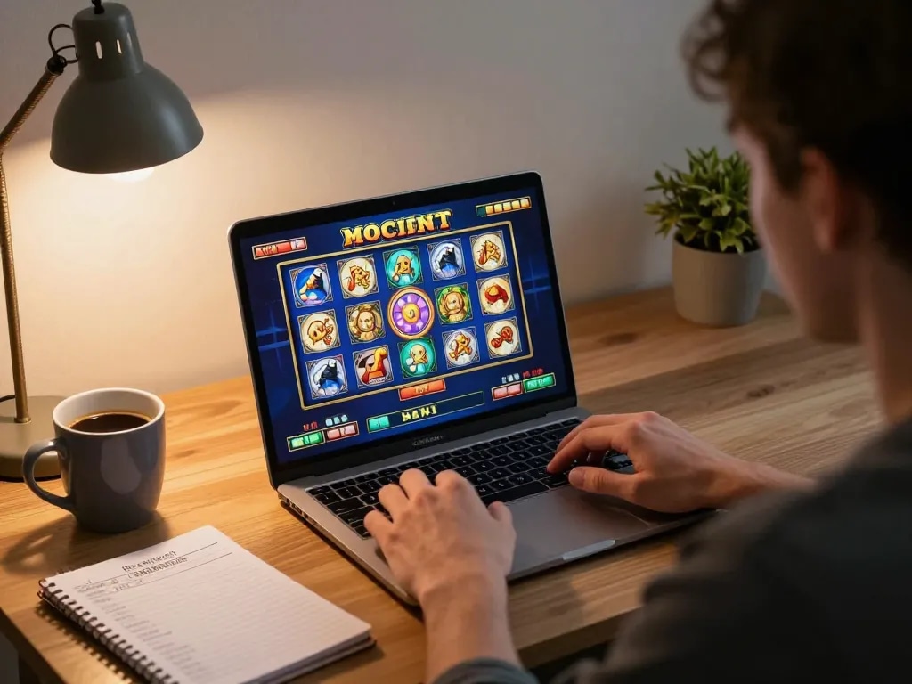Player engaging with slot games on a laptop, focused on winning strategies in a cozy home setup.