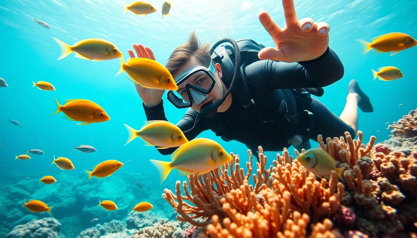 Tauchen in einer wunderschönen Korallenlandschaft mit einem Taucher und bunten Fischen.