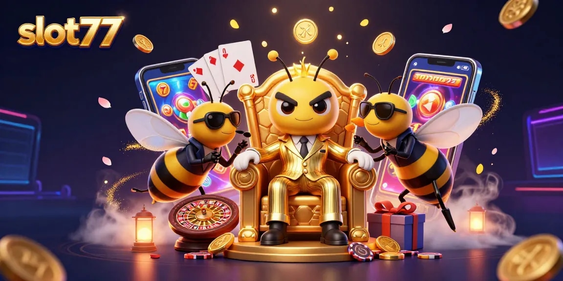 Experience exhilarating slot77 action with vibrant 3D slot game elements and engaging characters in a dynamic casino scene.