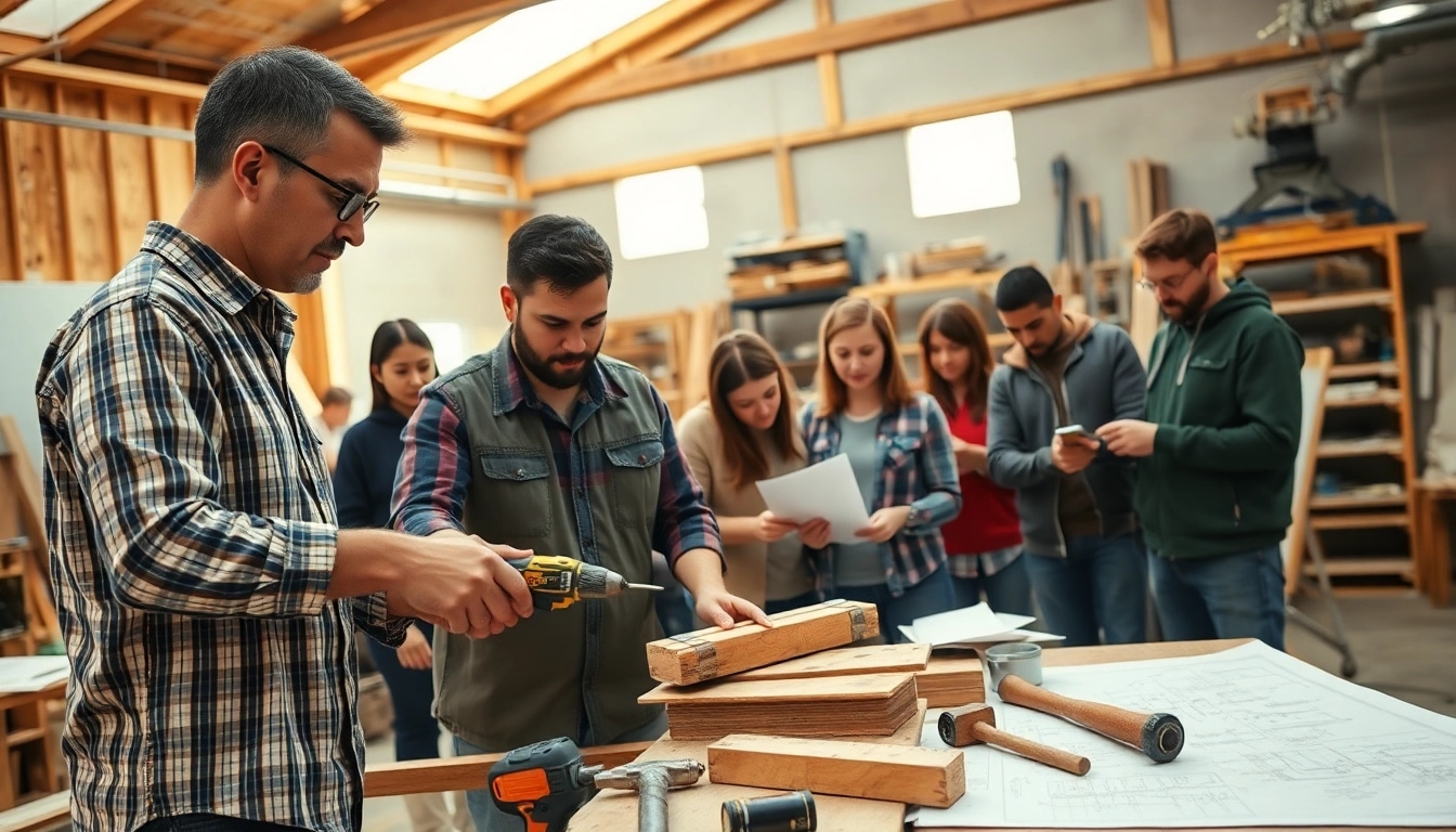 Engaged students in construction craft training learn hands-on skills in a vibrant workshop.