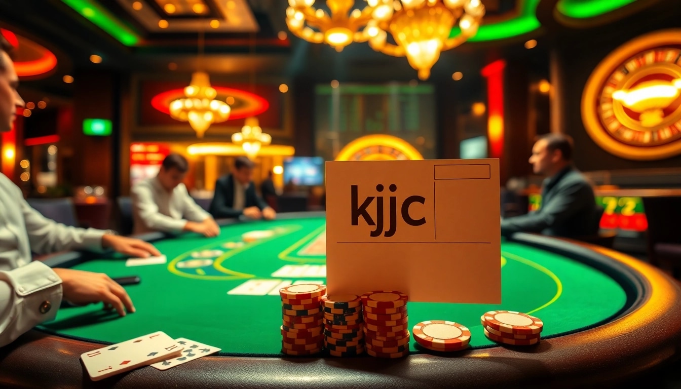 KJC players enjoying a thrilling game at a blackjack table in a luxurious casino setting.