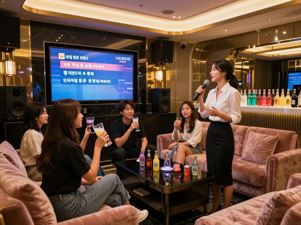 Experience the vibrant nightlife at gangnamtune.com, showcasing a luxury karaoke room filled with friends enjoying drinks and singing.
