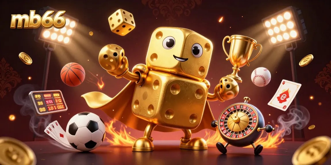 mb66 rolls the golden dice in an exciting gambling spree, with vibrant sports balls and trophies filling the scene