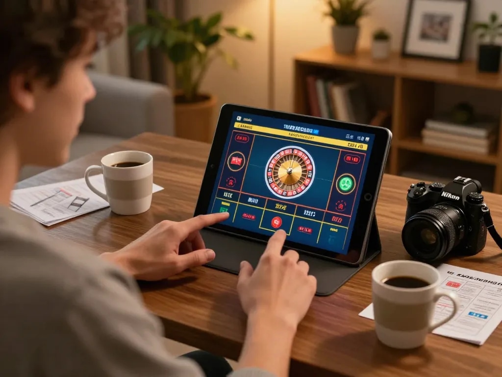 Experience Canada online casinos reddit as a player enjoys a live dealer game on a tablet in a cozy home.