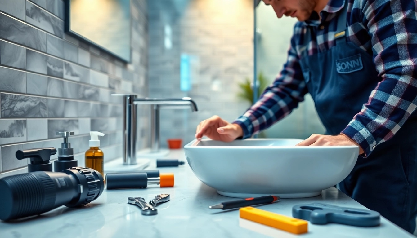 Montage einer modernen Sanitärinstallation durch sonni sanitär GmbH in einem stilvollen Badezimmer.