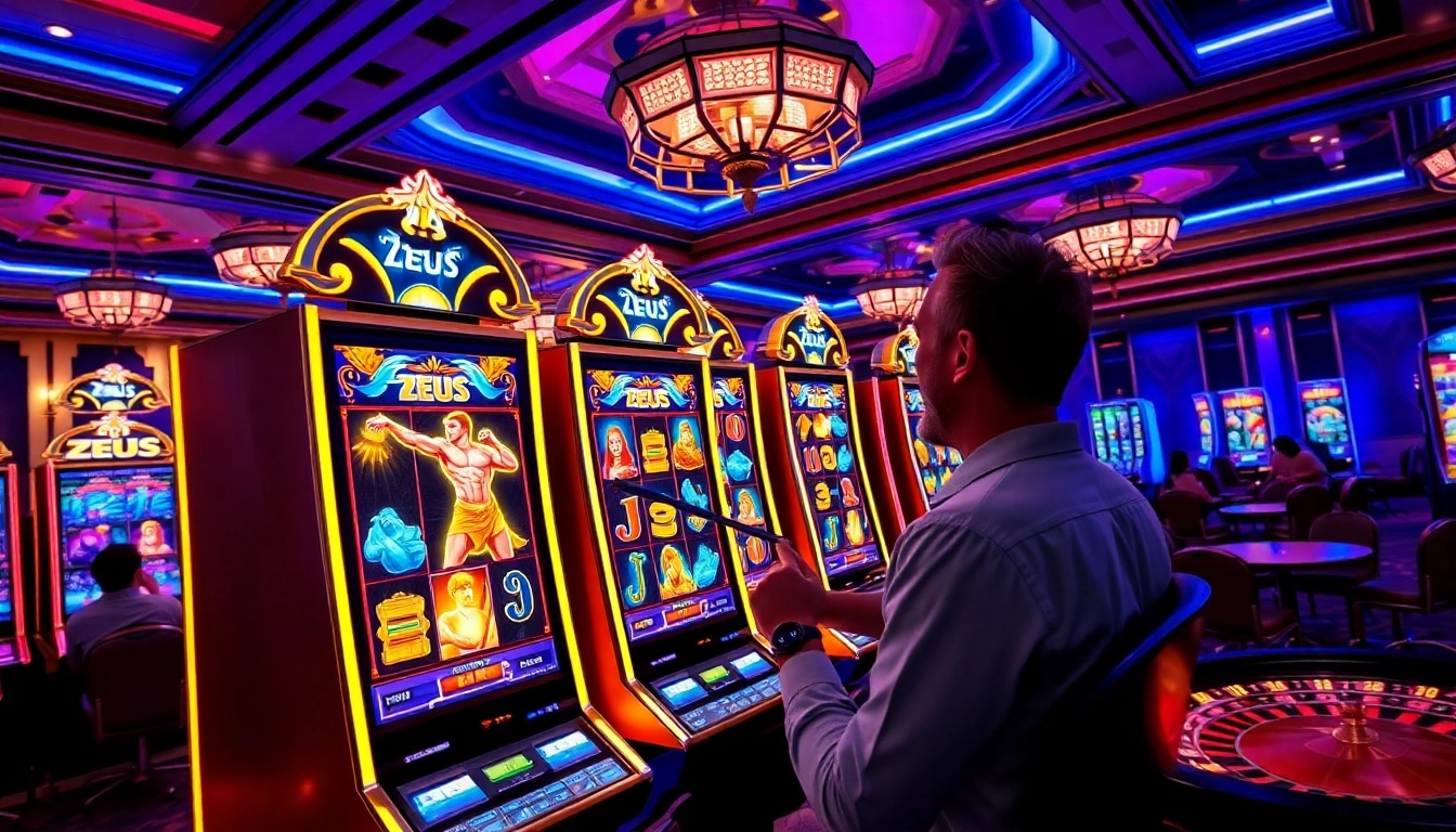 Rasakan sensasi mesin slot Zeus di tengah atmosfer kasino yang penuh semangat.