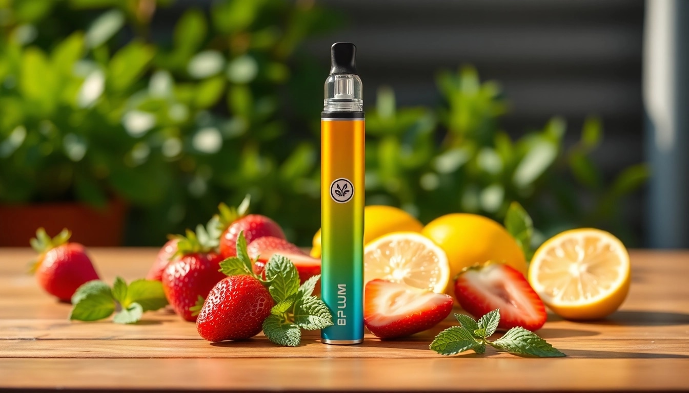 Showcasing the Flum 6000 disposable vape with fresh fruit garnishes around it.