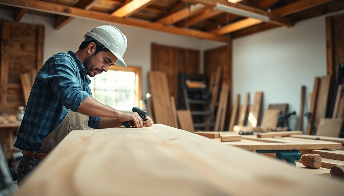 Engaged in a Carpentry Apprenticeship Near Me, a carpenter builds a wooden structure in a bright workshop.