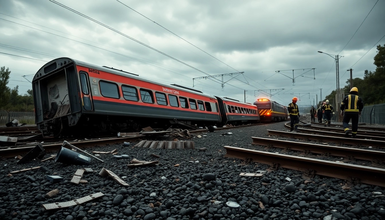 Scene of spain train crash, highlighting the wreckage and emergency response efforts amid debris.