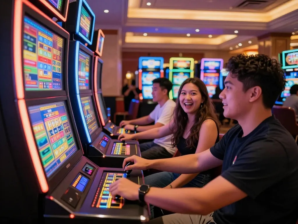 Engaging slot thailand gaming experience with players at colorful slot machines, vibrant atmosphere.