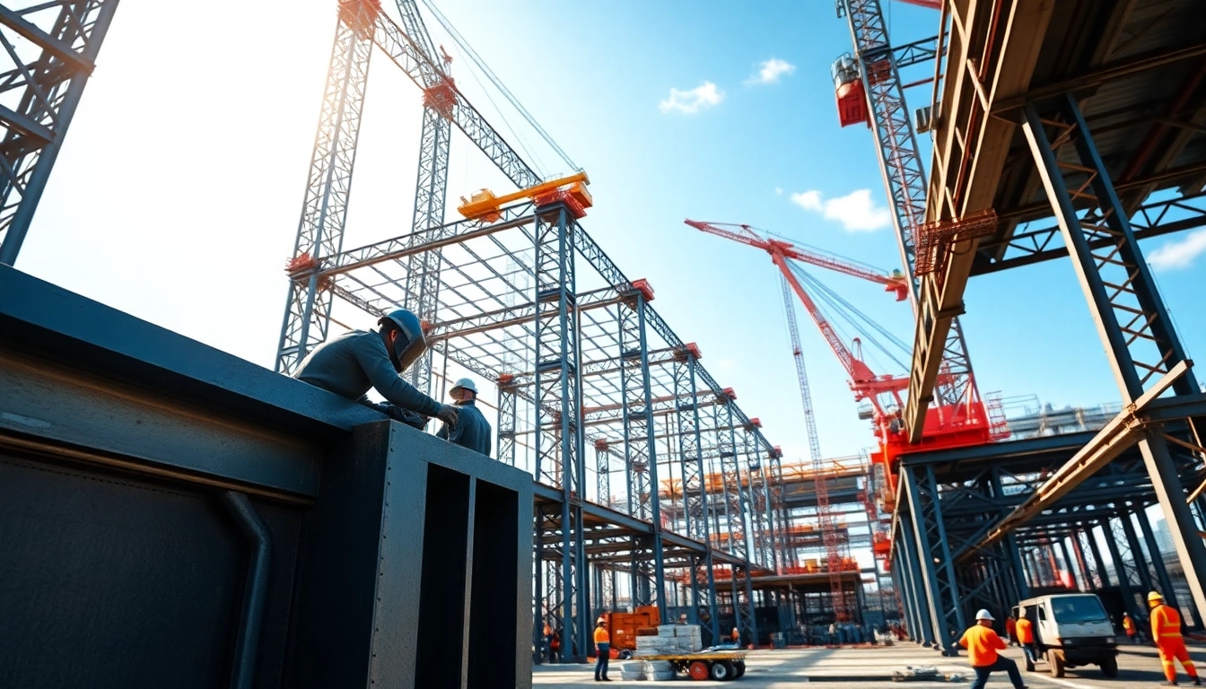 Workers engaged in structural steel construction at a lively construction site.