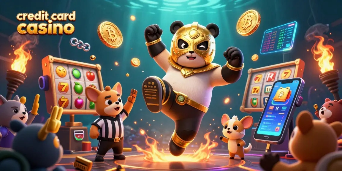 Cartoon panda wrestler performing a kick at a credit card casino with excited animal spectators.