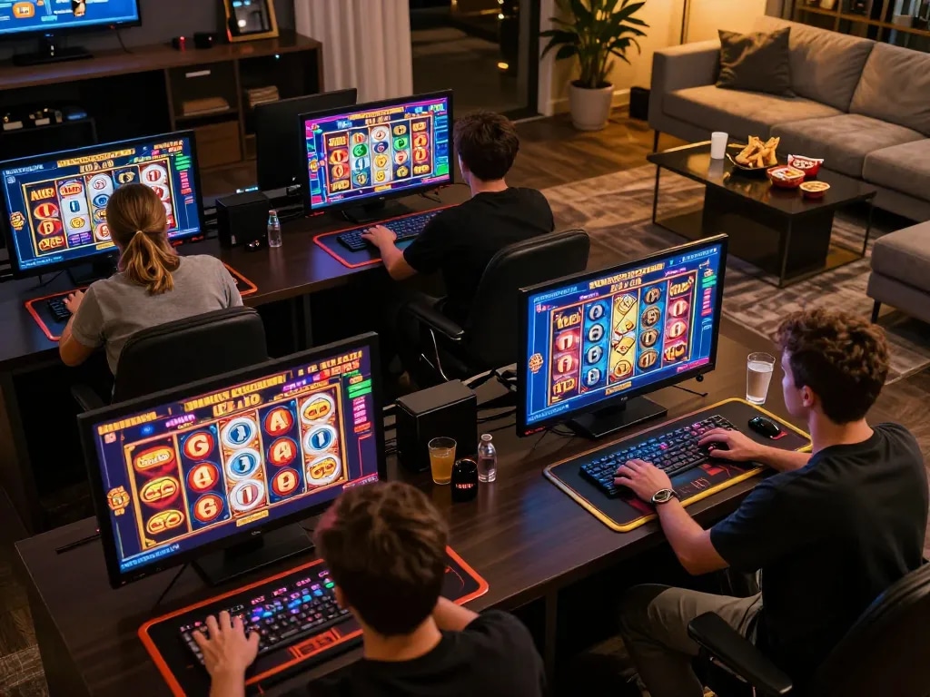 Engaged player experiencing situs slot gacor action at home with vibrant online slots displayed.