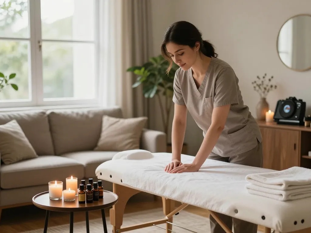 Premium massage experience at maxim-anma.net featuring a skilled therapist preparing a calming home wellness environment.