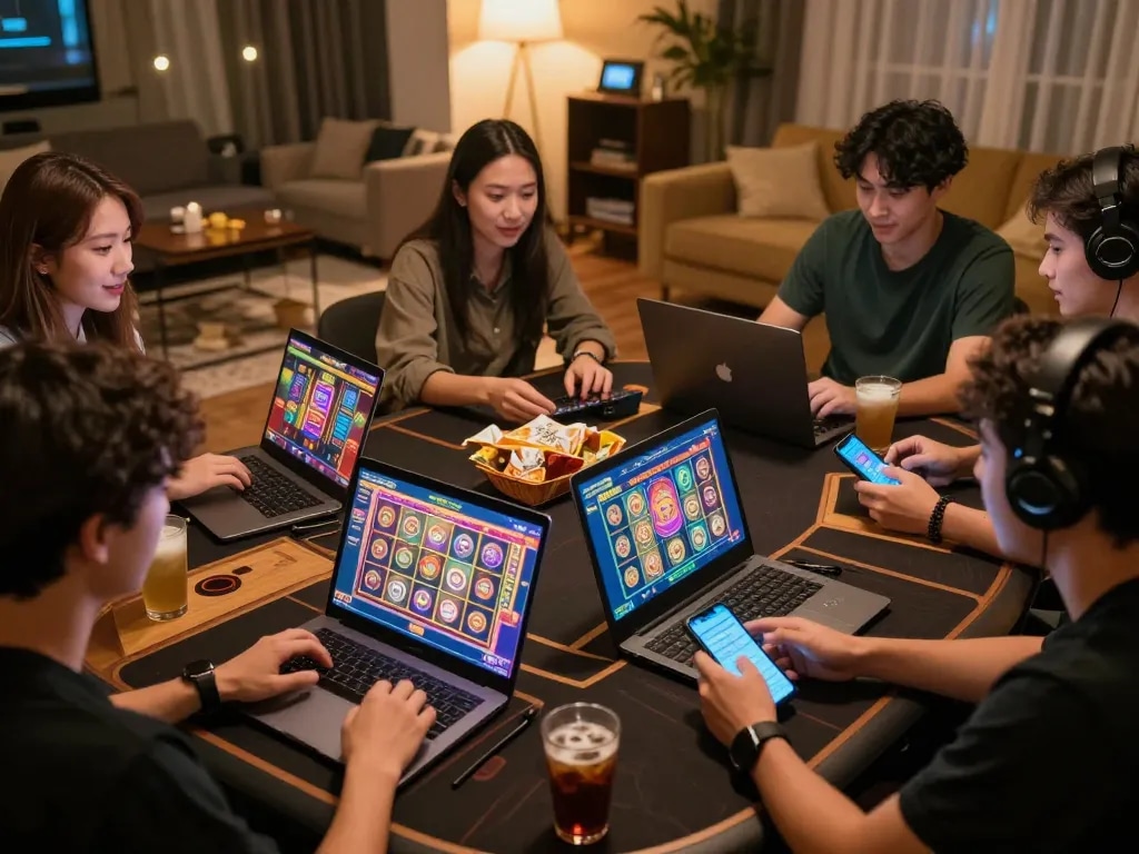 Players enjoying judi slot games on laptops and smartphones in a vibrant home setting.