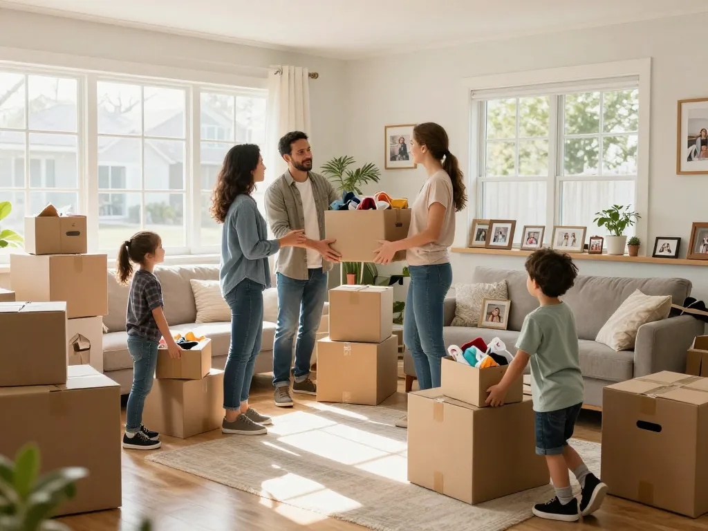 Sell my house fast for cash: Family preparing for a home sale in a bright living room.