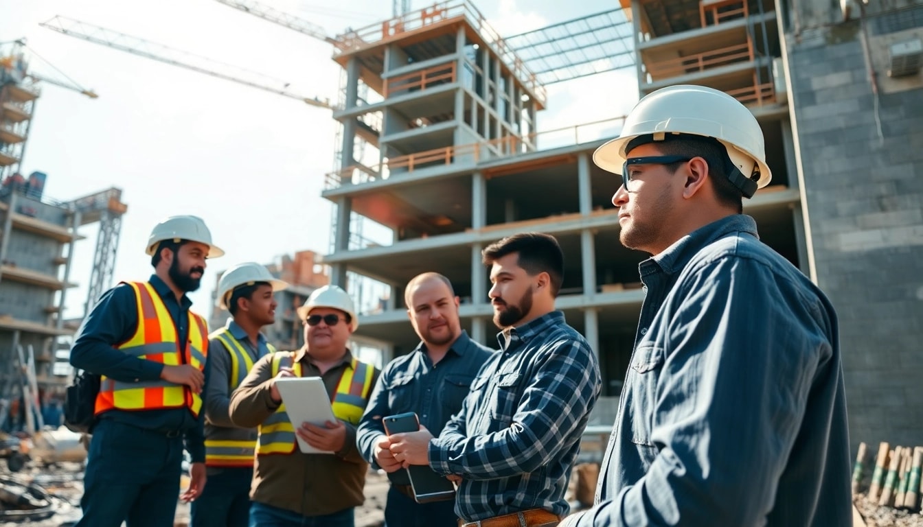 Construction career professionals collaborating on a busy worksite with tools and cranes visible.