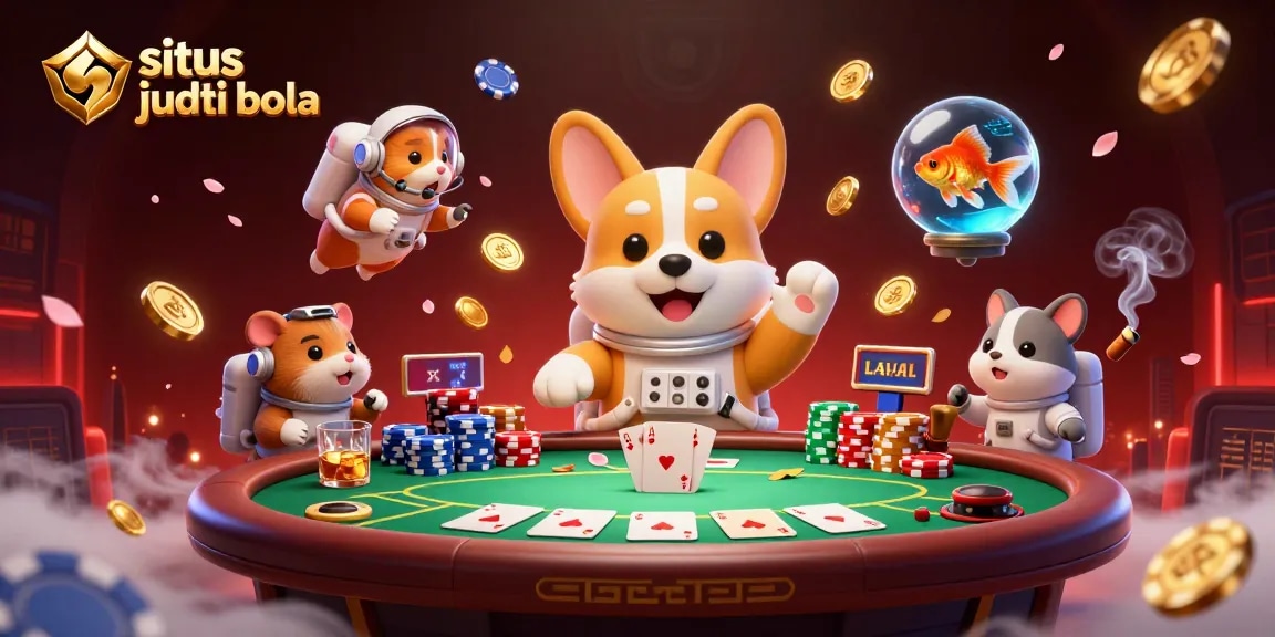 Experience the excitement of situs judi bola with a 3D cartoon scene featuring a floating casino and vibrant characters.