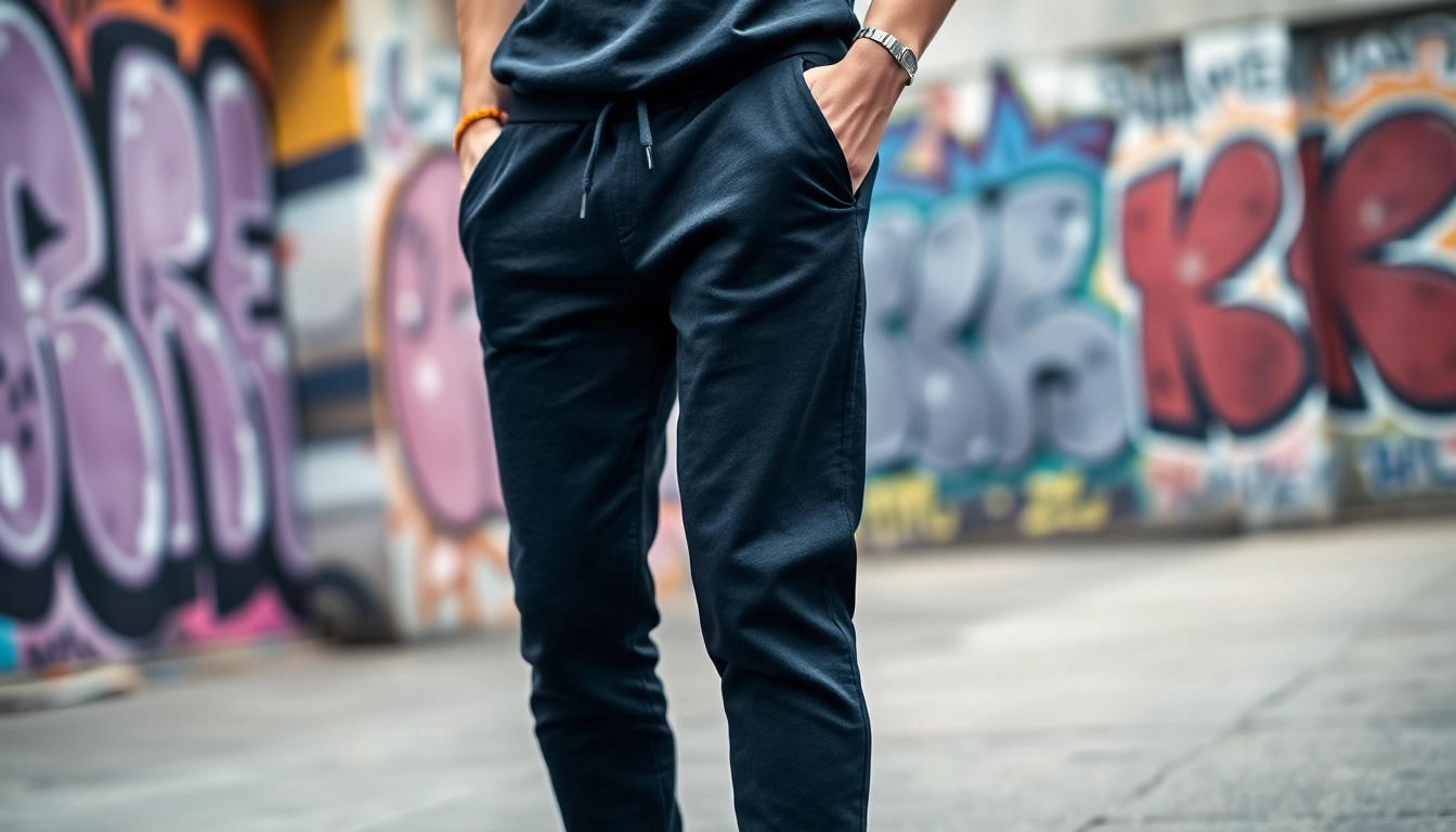 A stylish individual confidently showcasing black sweatpants in an urban environment.