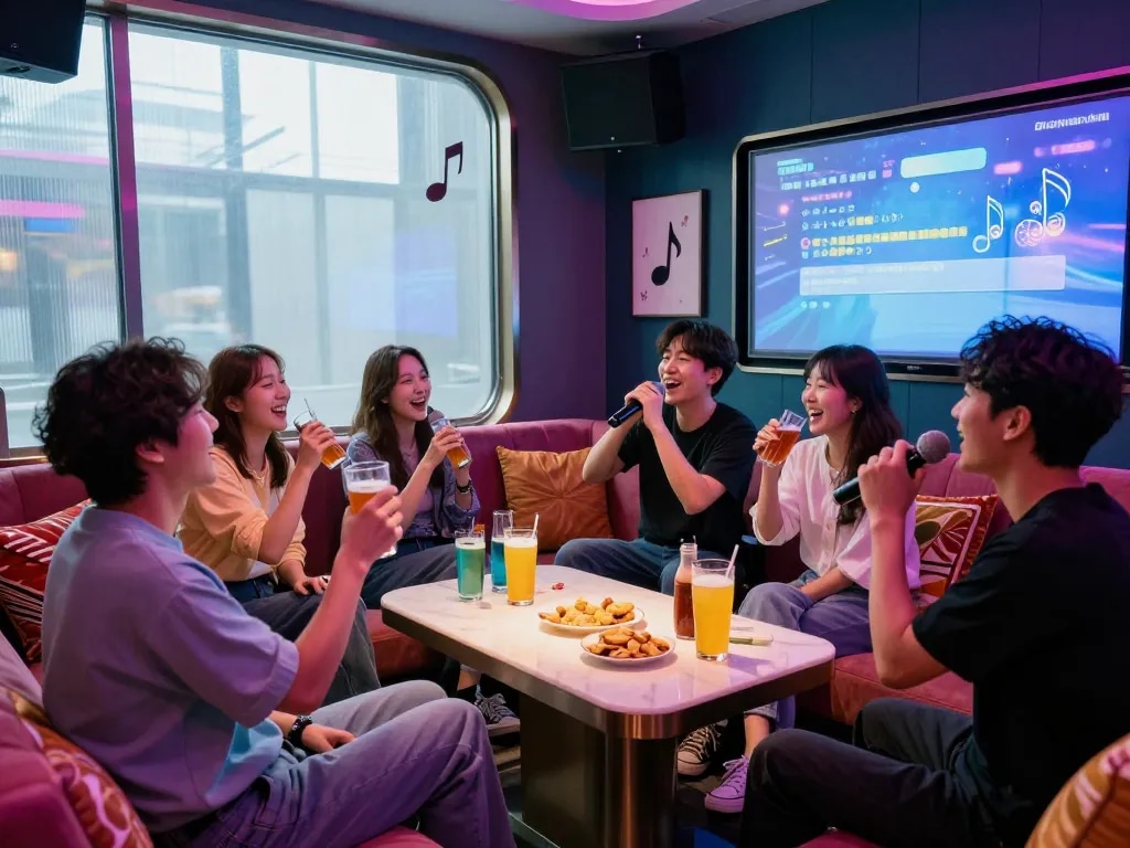 서구청쓰리노의 프라이빗 룸에서 친구들이 음료와 간식을 즐기며 노래방을 축하하고 있습니다