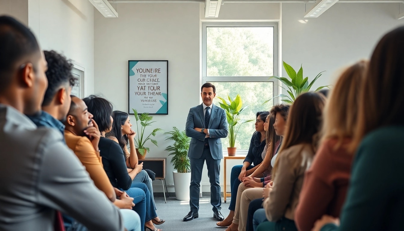 Find my true calling through a career coach engaging diverse individuals in a modern office.