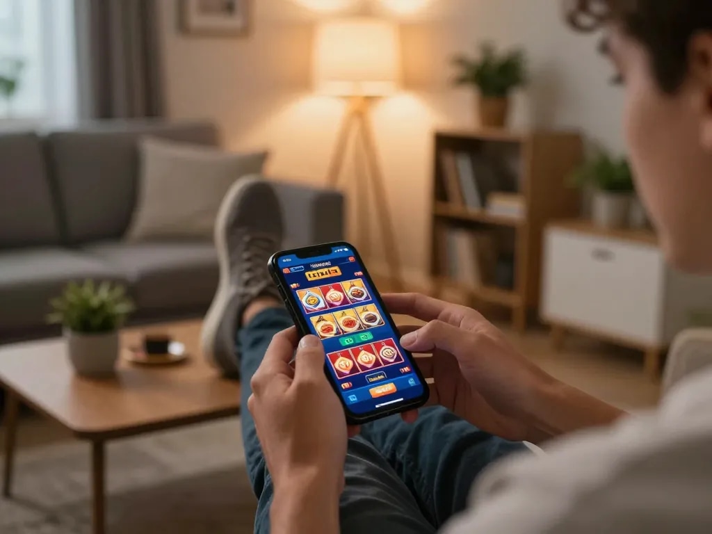 Engaging online gaming session using สล็อตวอเลท on a smartphone in a cozy living room.