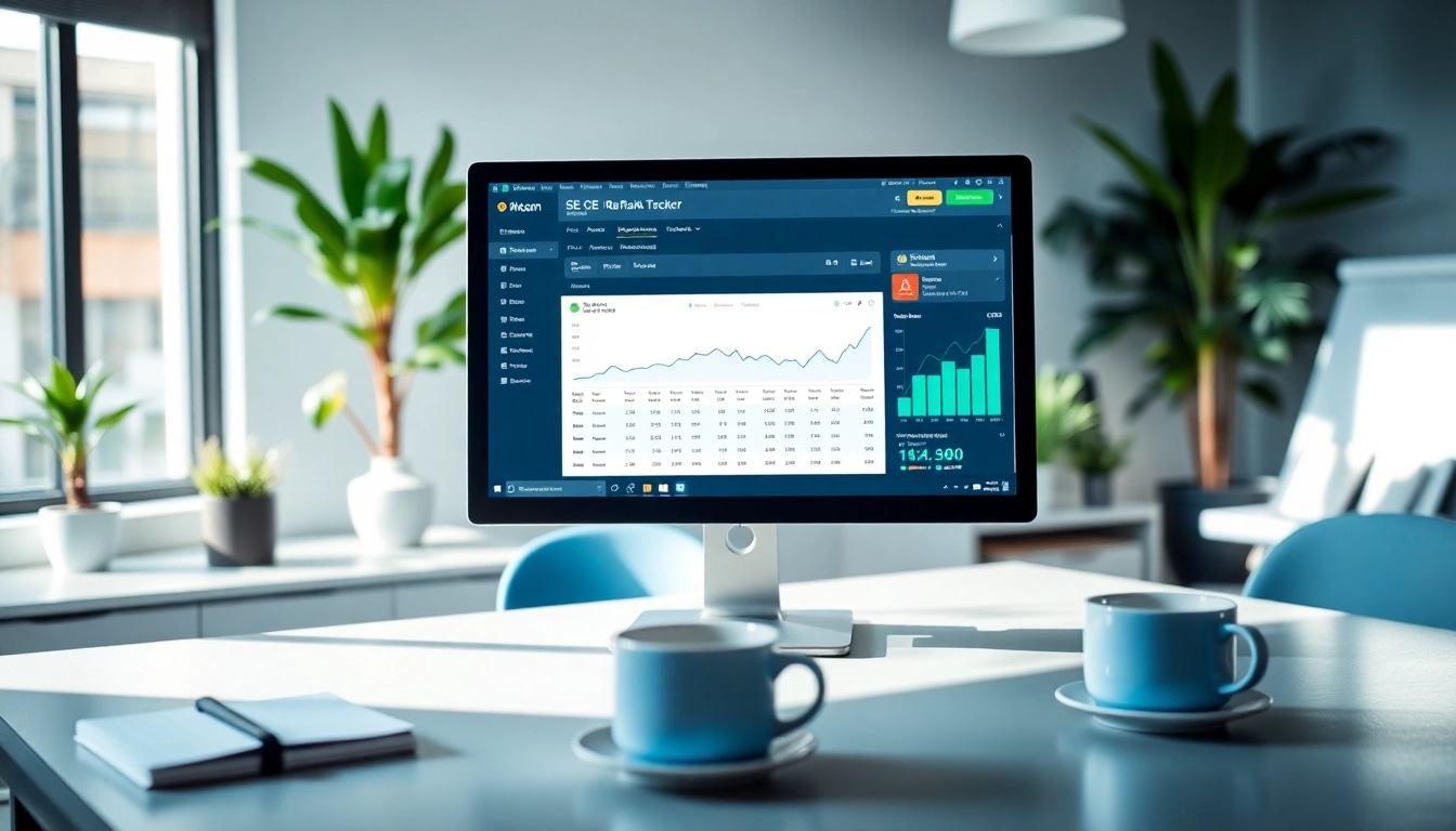 Visualize an SEO Rank Tracker dashboard in a professional digital workspace with data analytics.