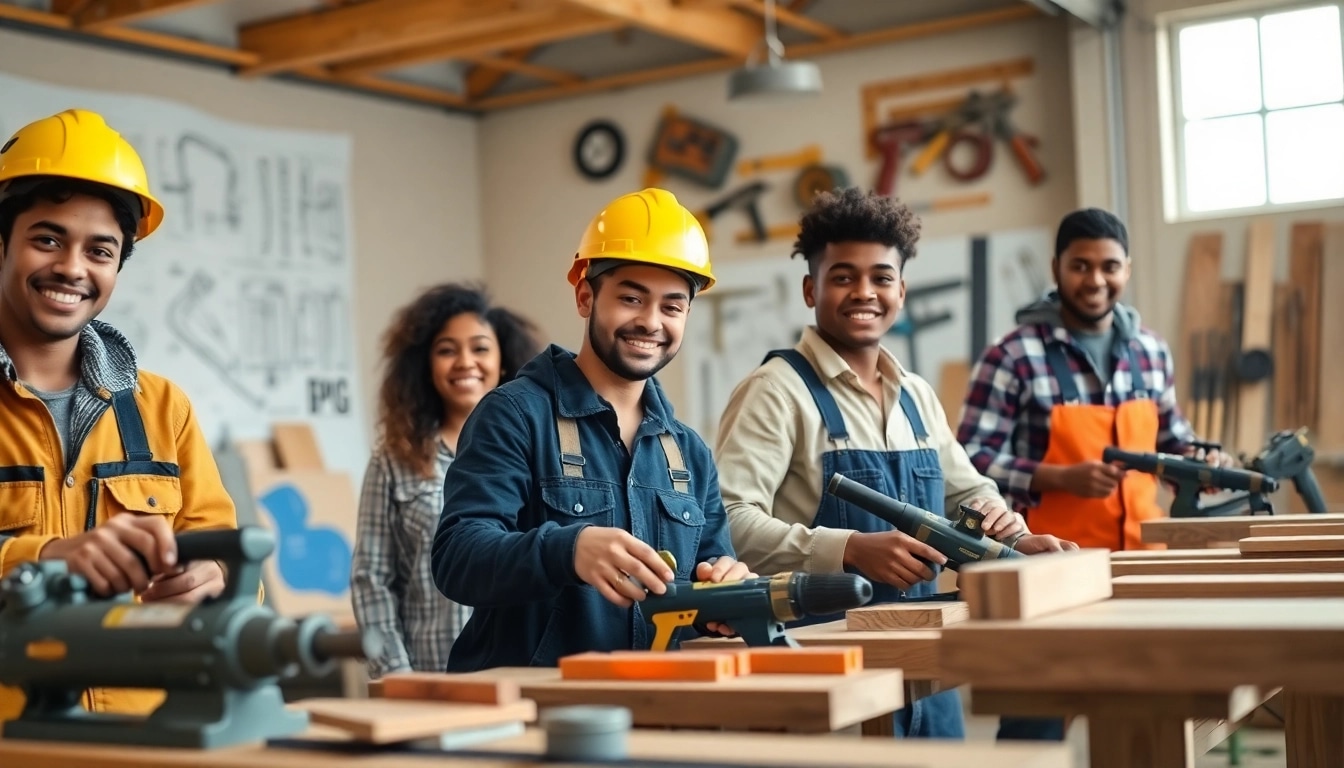Students in construction trade schools in Texas actively learning skills with tools in a workshop.