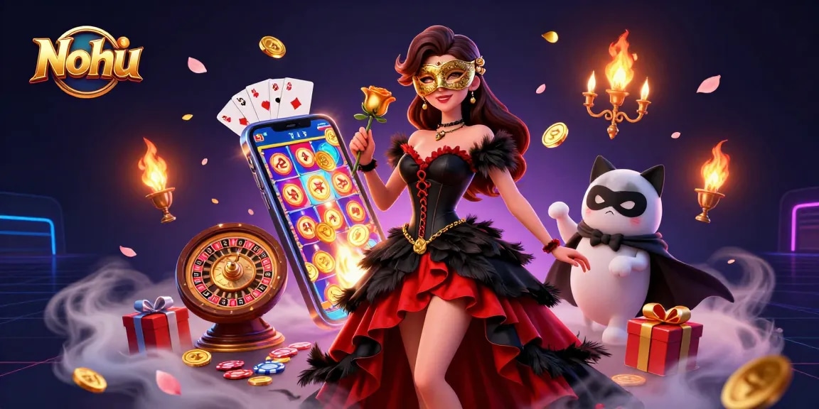 Nohu slot game features stunning woman in traditional attire with cards and winnings