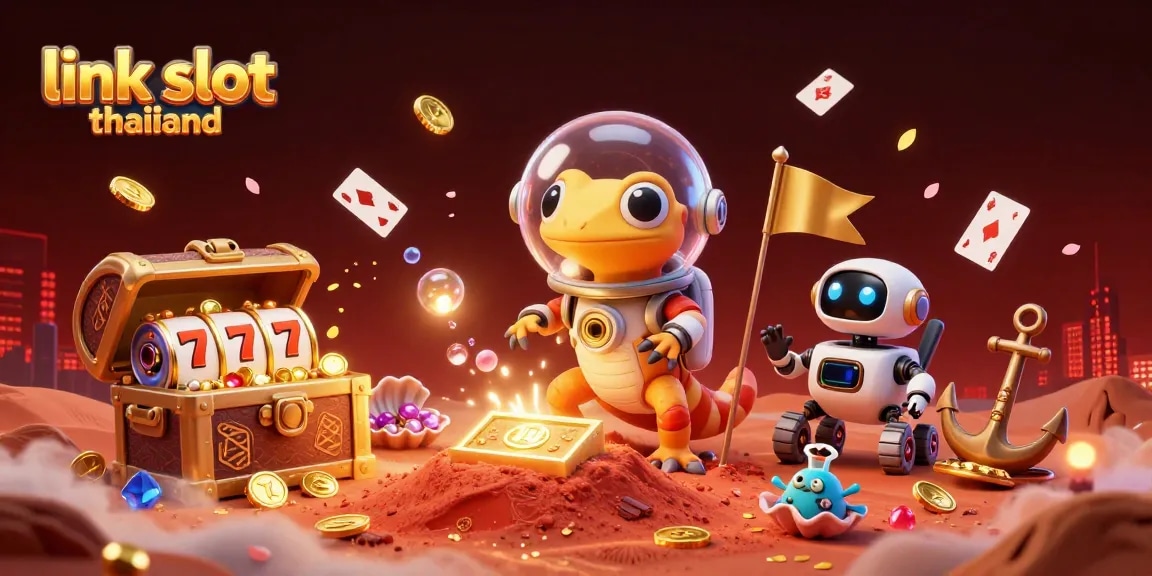 Engage with exciting gameplay on link slot thailand, featuring gold coins and vibrant slot reels in a lively 3D scene.
