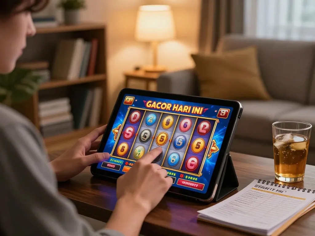 Engaging in slot gacor hari ini gameplay on a tablet in a cozy home setting.