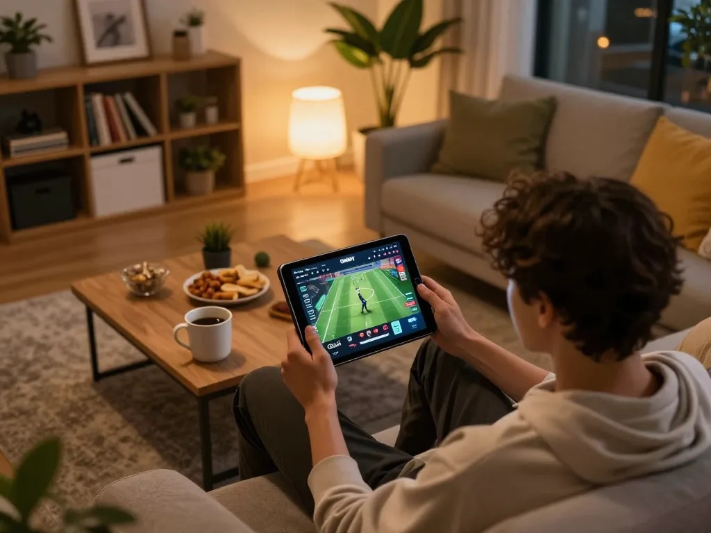 Cakhiatv streaming interface on tablet during a relaxed home gaming session.