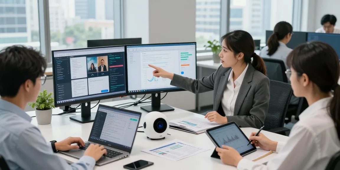 Team using an ai detector for content moderation analysis in a modern office.
