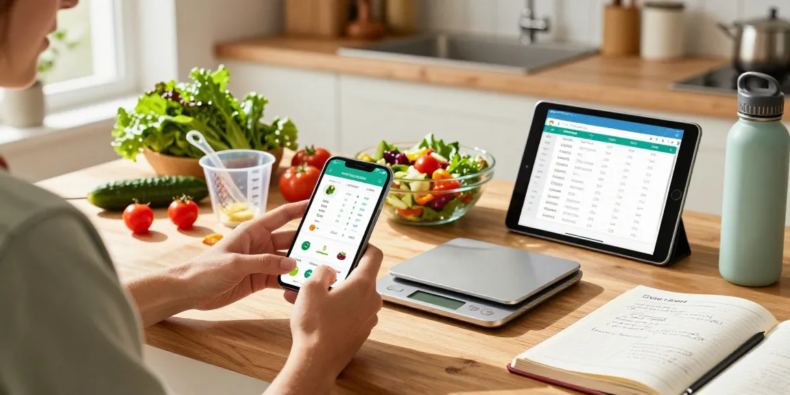 Using the best food tracker app while preparing a fresh salad in a bright kitchen.