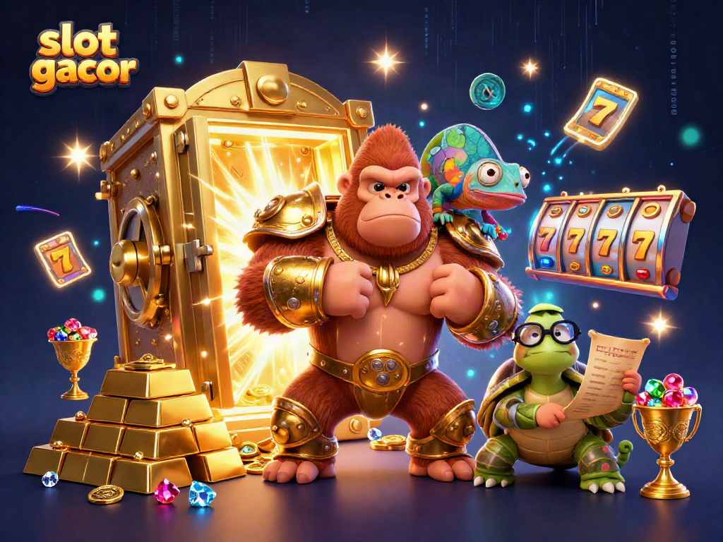 Slot gacor memperlihatkan raja gorila kuat dalam armor emas, dikelilingi harta berkilau.