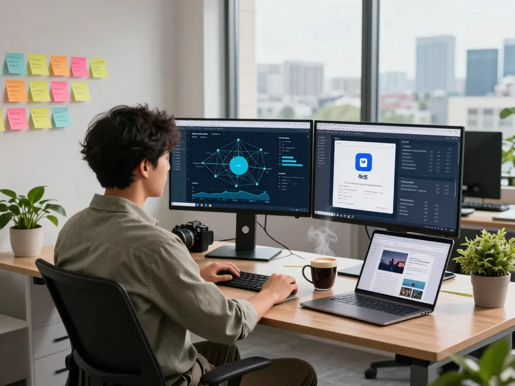 快连 app showcased on dual monitors in a modern tech workspace, emphasizing network optimization.