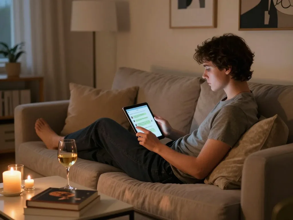 Engaging NSFW chat on a tablet in a cozy home setting with warm lighting.