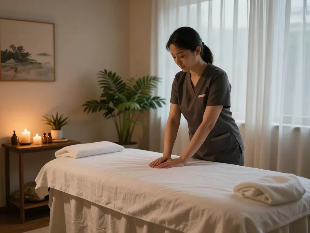 길동출장마사지 professional therapy room with calming ambiance, essential oils, and soothing music.