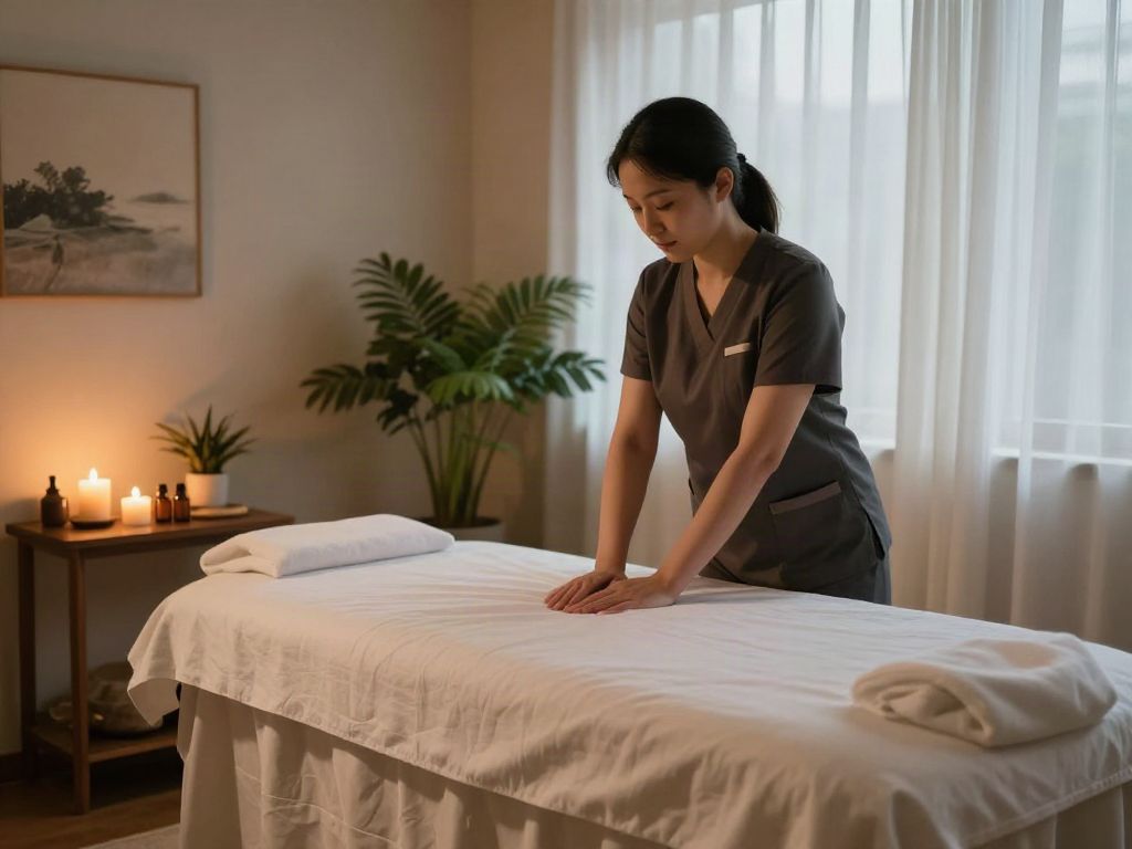 길동출장마사지 professional therapy room with calming ambiance, essential oils, and soothing music.
