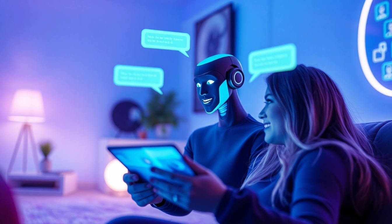 Engaging sex chat AI interaction with a cheerful avatar in a modern virtual environment.