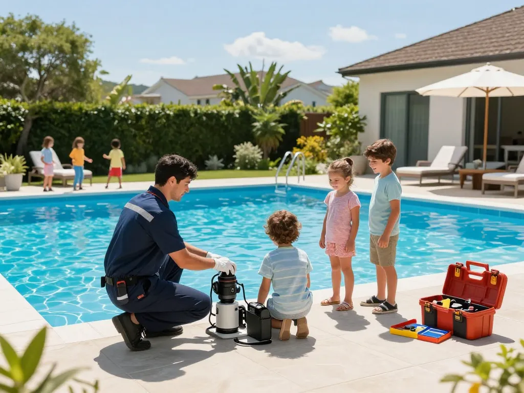 Dolphin Pool Services technician inspecting pool while family enjoys sunny backyard.