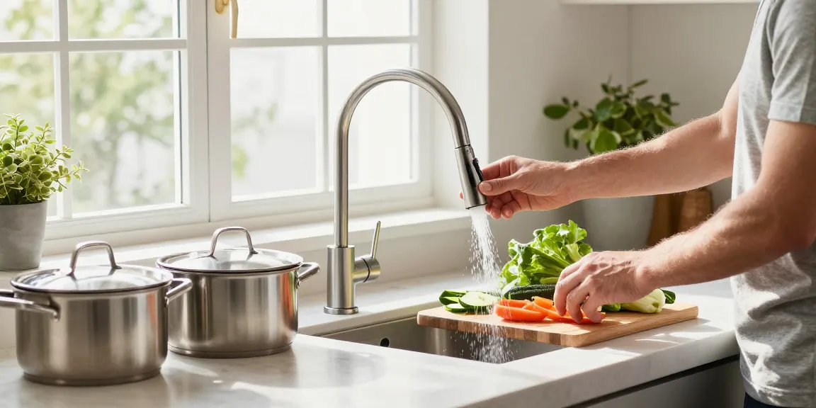 Modern kitchen faucets featured with homeowner preparing vegetables in bright kitchen.