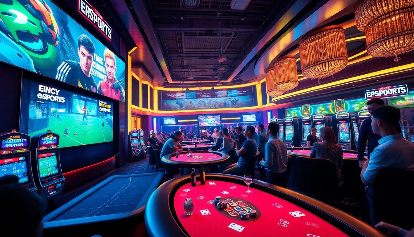 Engaged viewers placing bets on Trực tiếp esports events in a luxury casino setting.